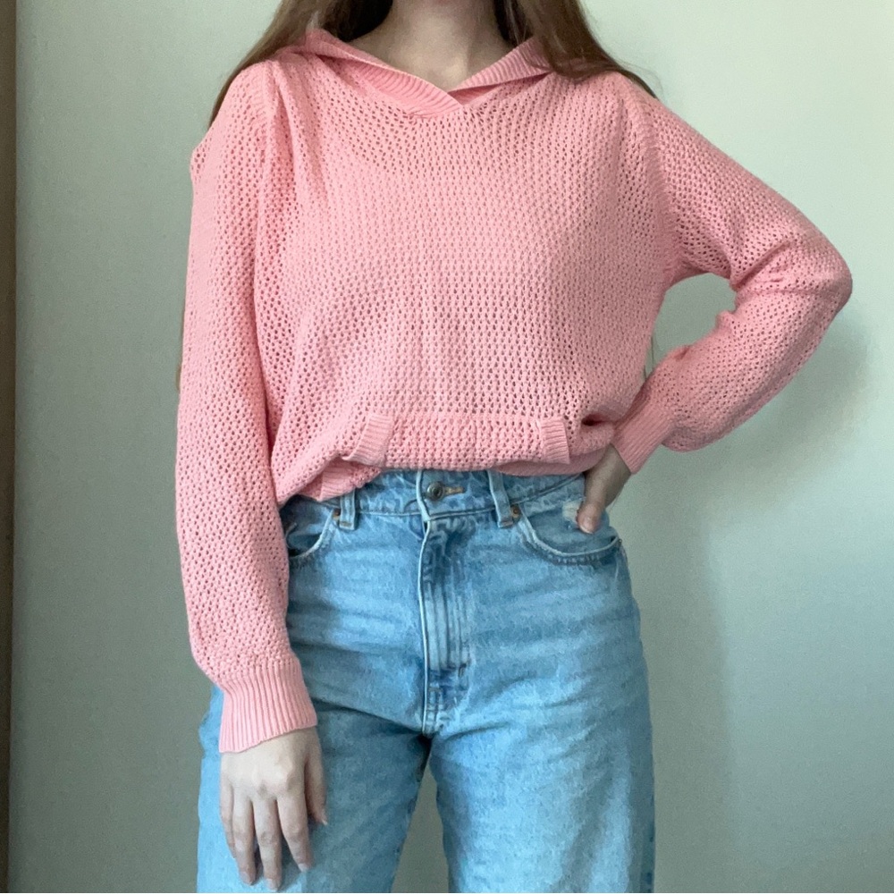 Linen Cotton Blend Open Knit Pink Coastal Beachy Hoodie Sweater M